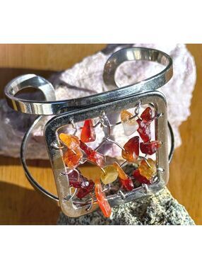 Brutalist Modernist Silver Cuff With Carnelian Chips Woven On Top
